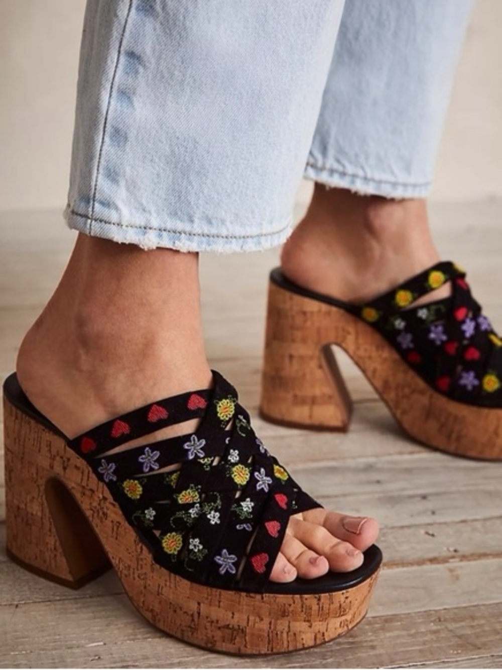 Free People floral embroidered cork wedge sandals in a US women’s size 7.5